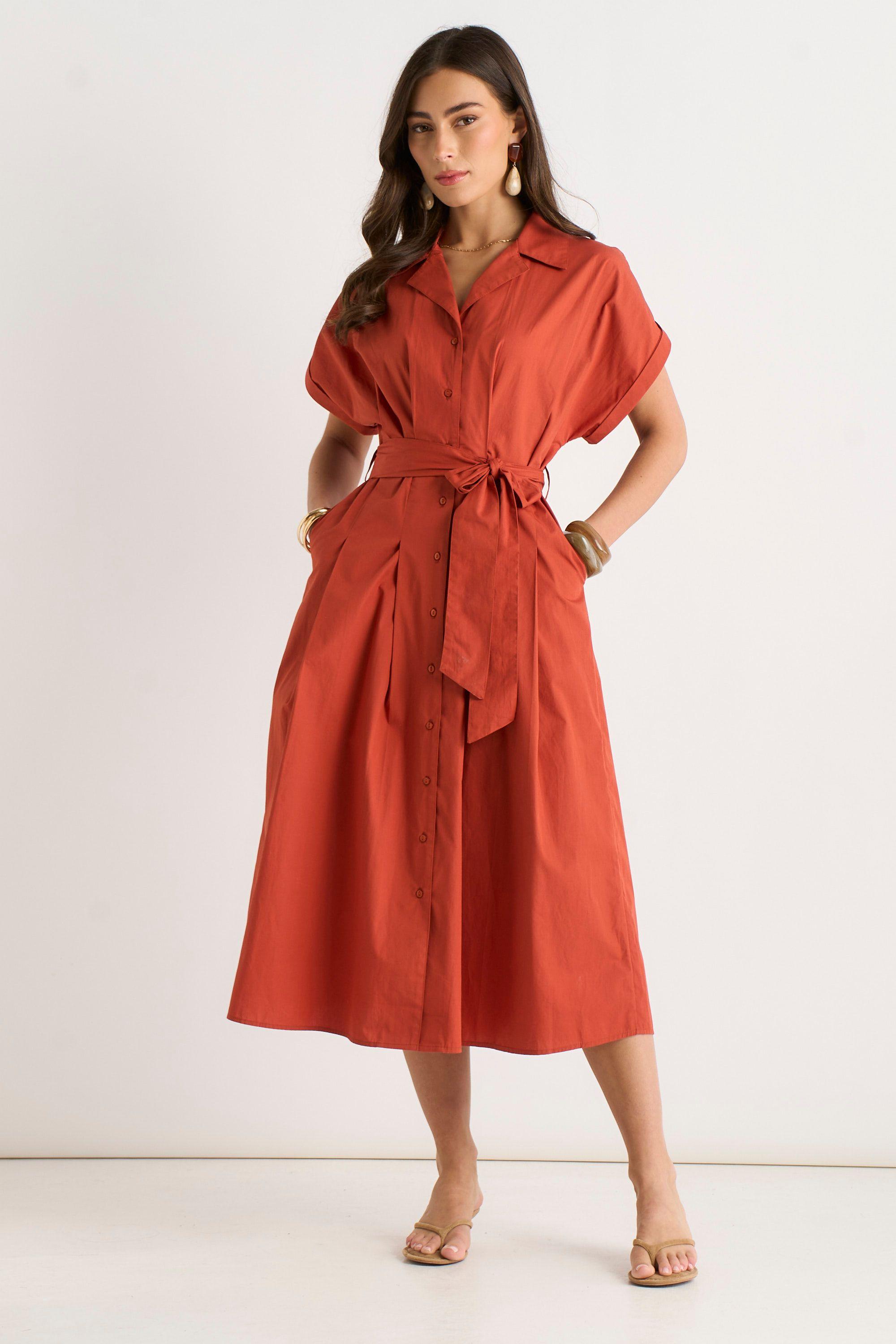 Rust Cotton Button Through Belted Shirt Dress by GINI LONDON