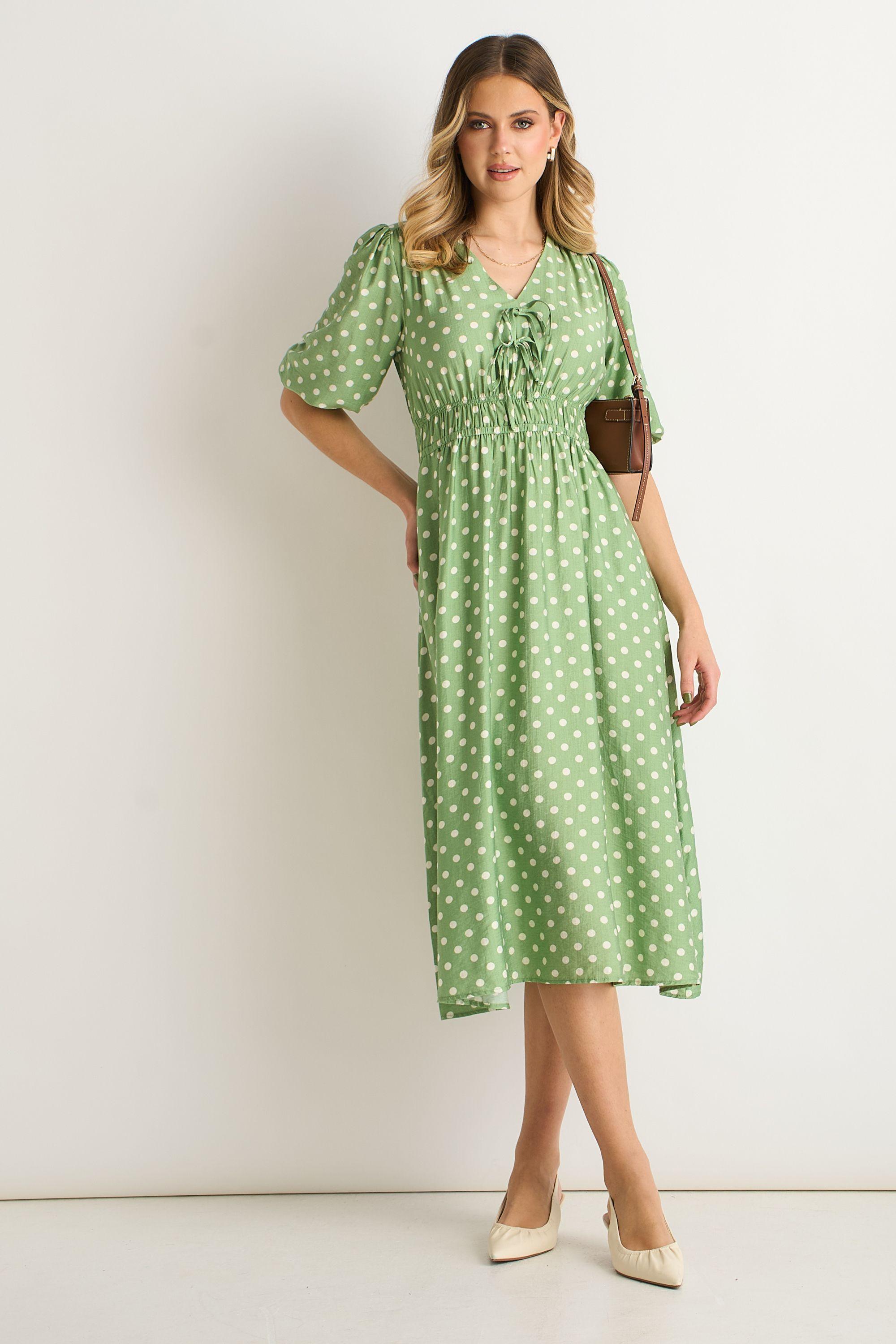 Sage Green Spot Print Shirred Waist Shift Midi Dress by GINI LONDON