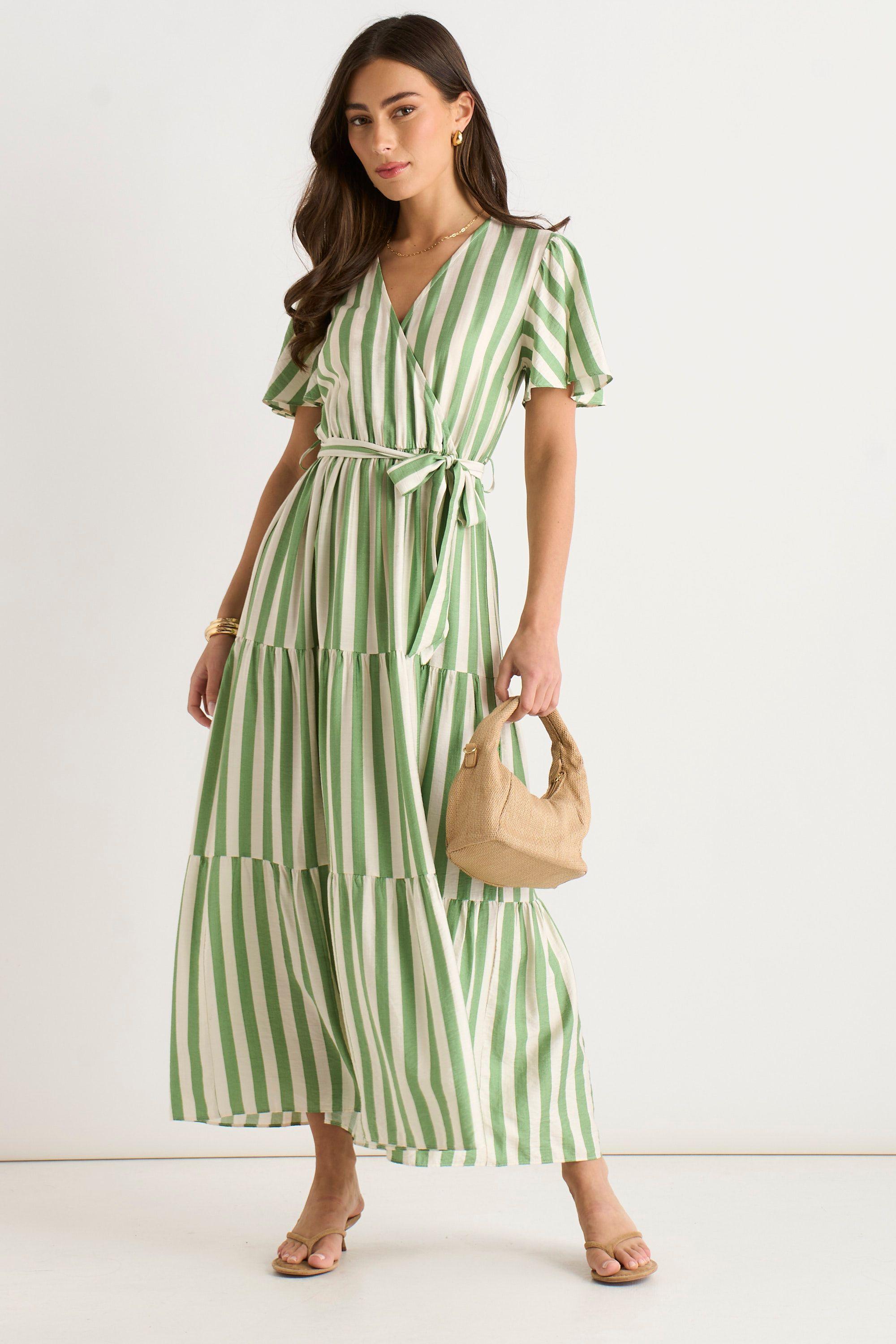 Sage Green Stripe Wrap Belted Viscose Midi Dress by GINI LONDON