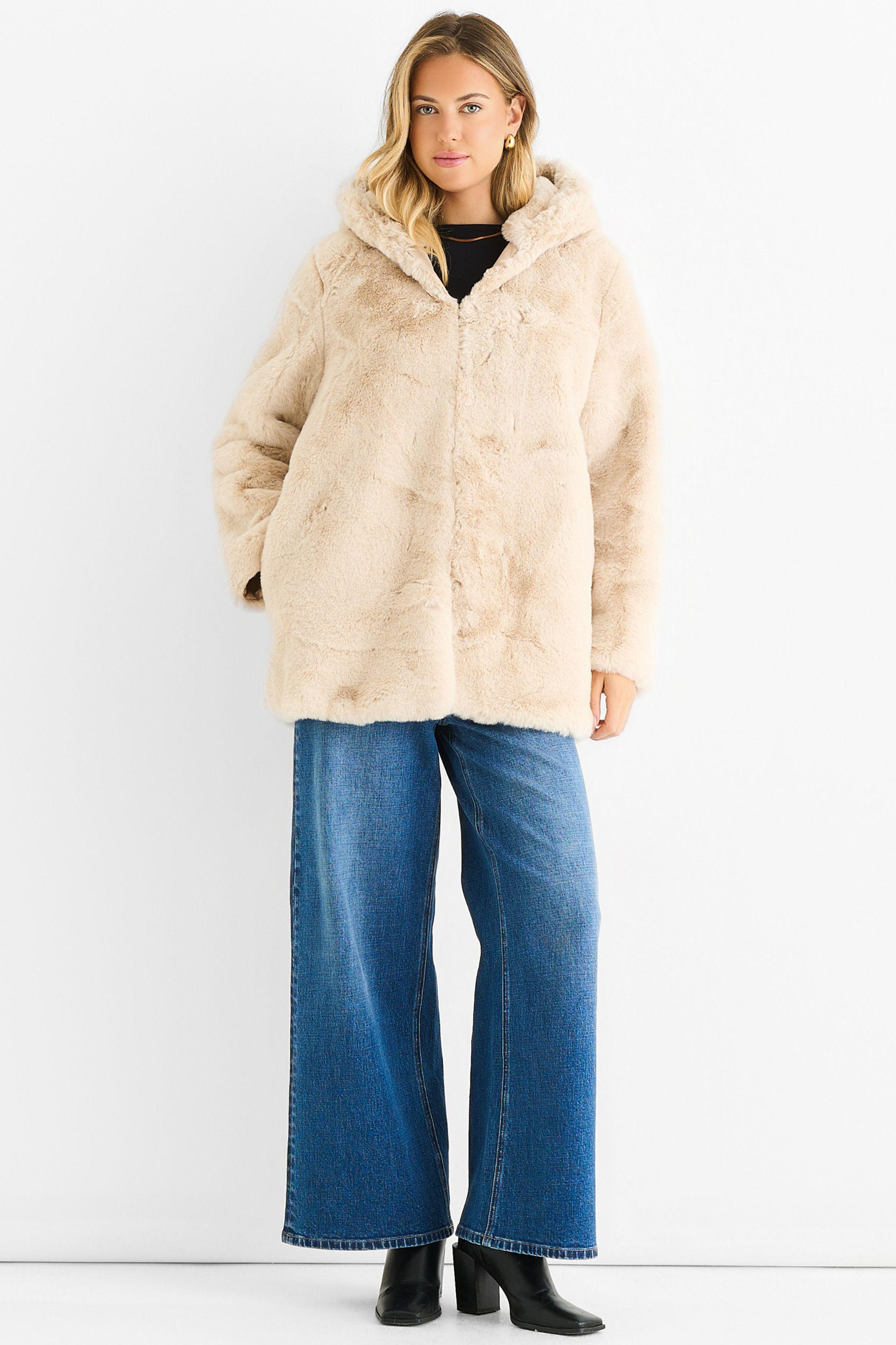 Stone Hooded Long Sleeve Faux Fur Jacket by GINI LONDON