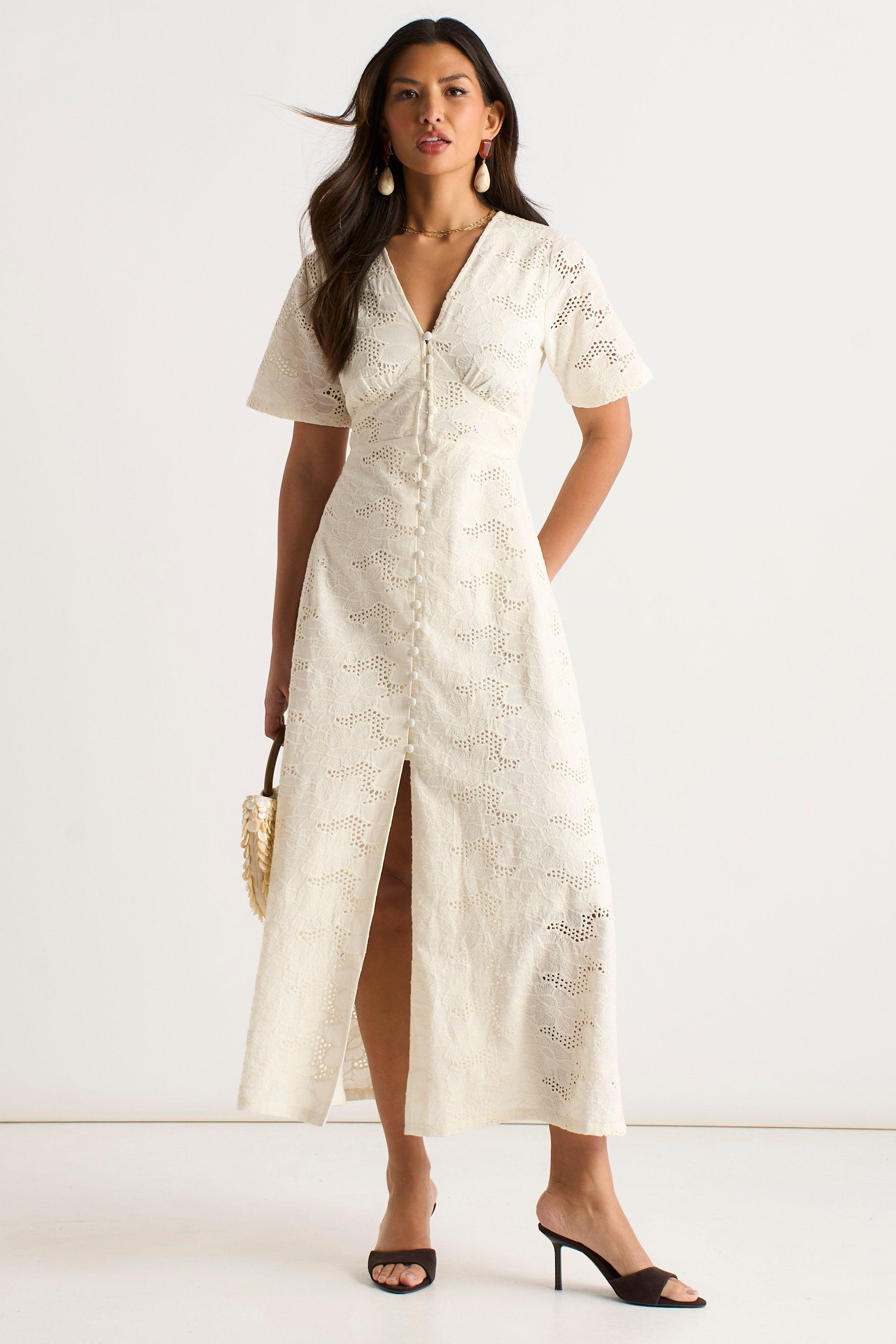 White Lace Button Through Midi Dress by GINI LONDON