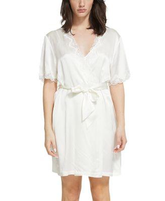 Silk Short Wrap Gown with Lace Trim Robe by GINIA