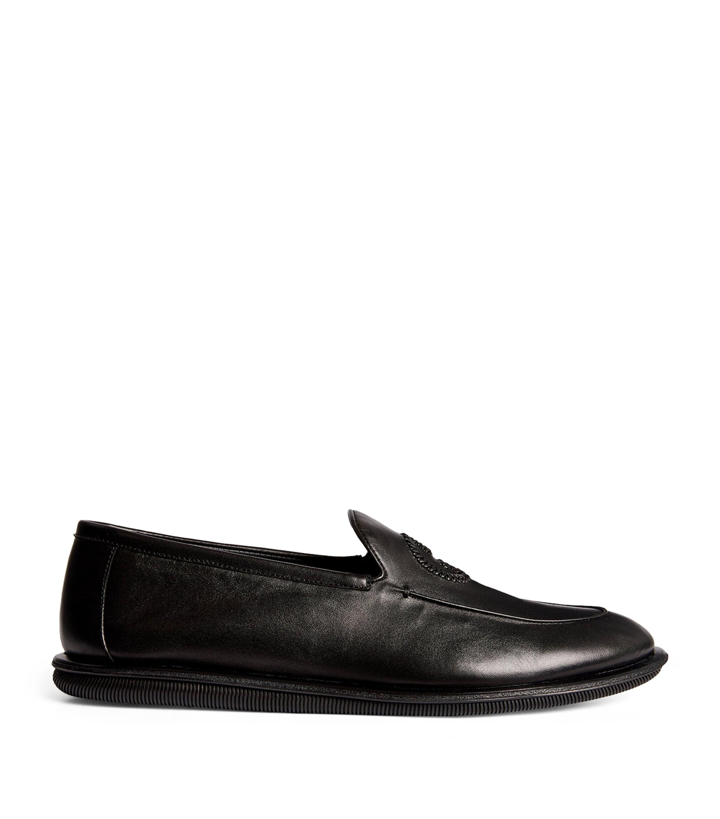 Giorgio Armani Leather Monogram-Embroidered Loafers by GIORGIO ARMANI