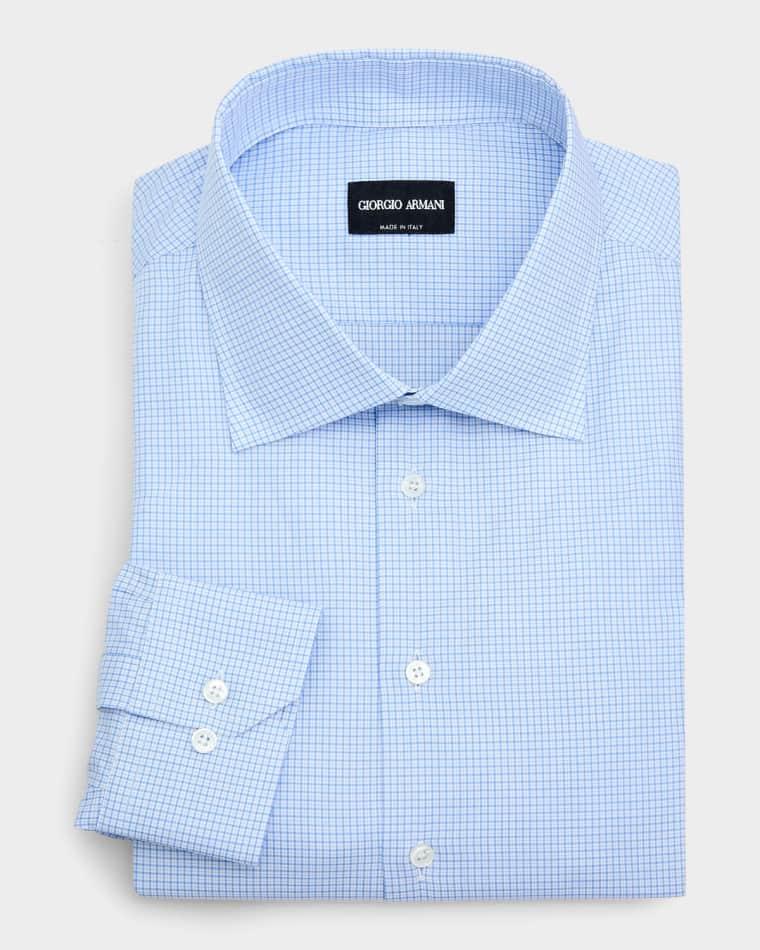 Men's Micro-Grid Check Cotton Dress Shirt by GIORGIO ARMANI