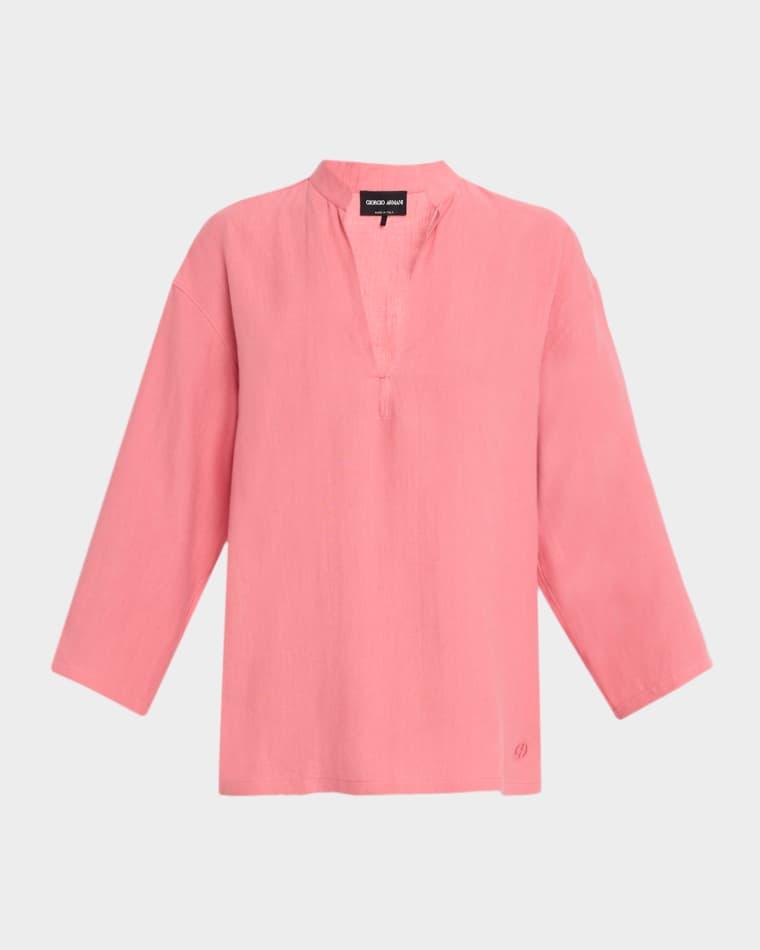 V-Neck Hemp Relaxed Long-Sleeve Shirt by GIORGIO ARMANI