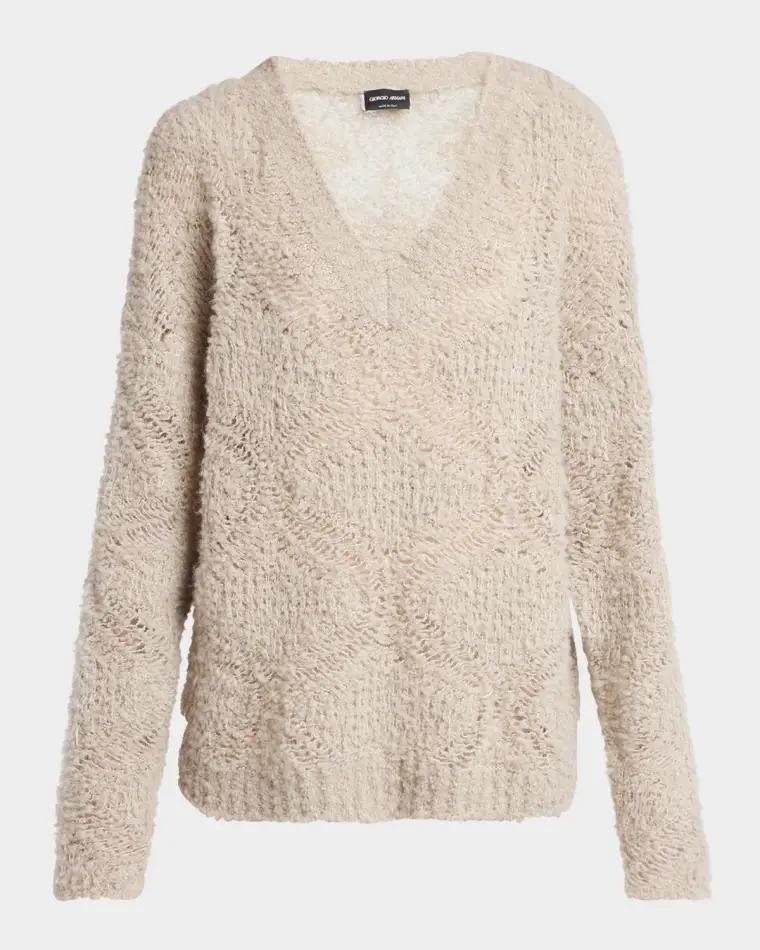 V-Neck Wool Cashmere Open-Knit Sweater by GIORGIO ARMANI