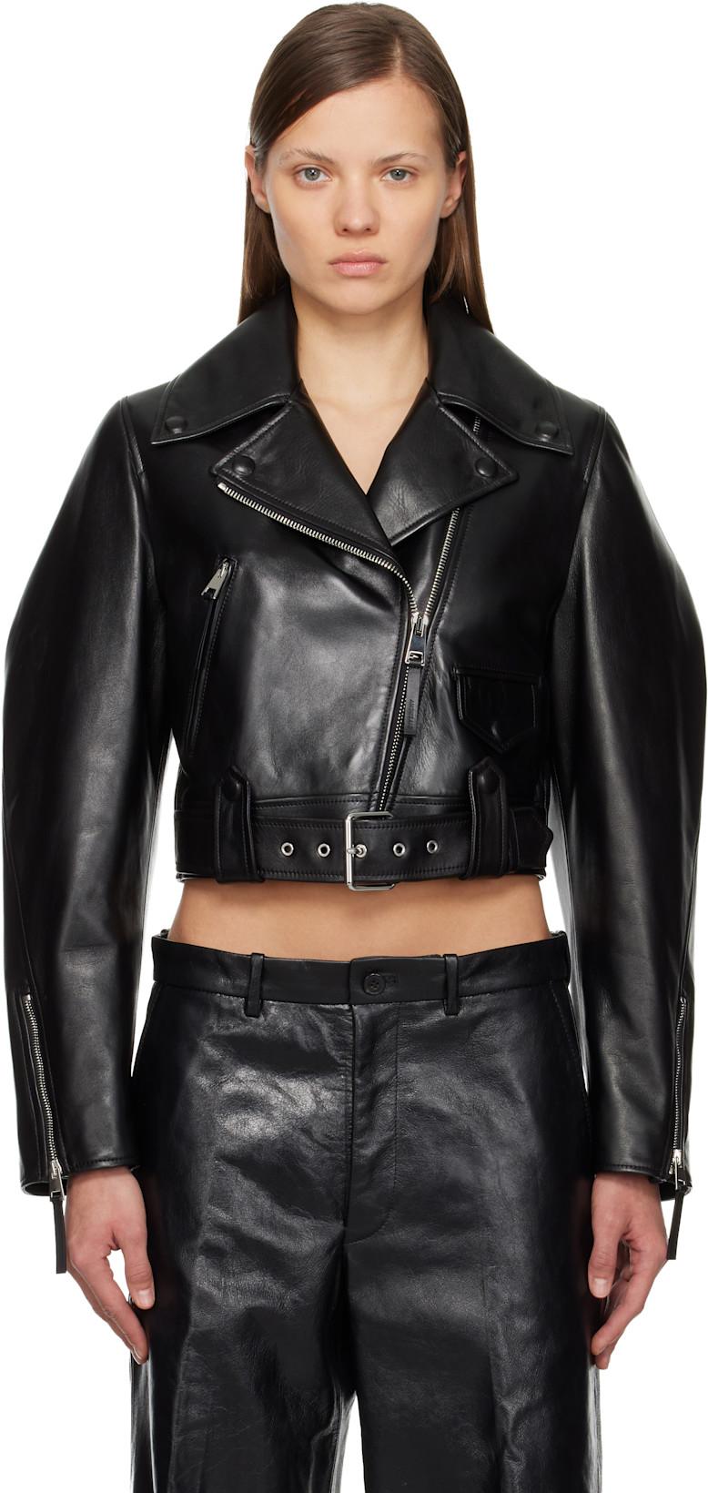Black Cropped Cocoon Leather Biker Jacket by GIVENCHY