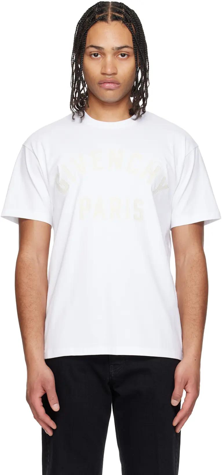 White Cotton 'Givenchy Paris' Embroidery T-shirt by GIVENCHY