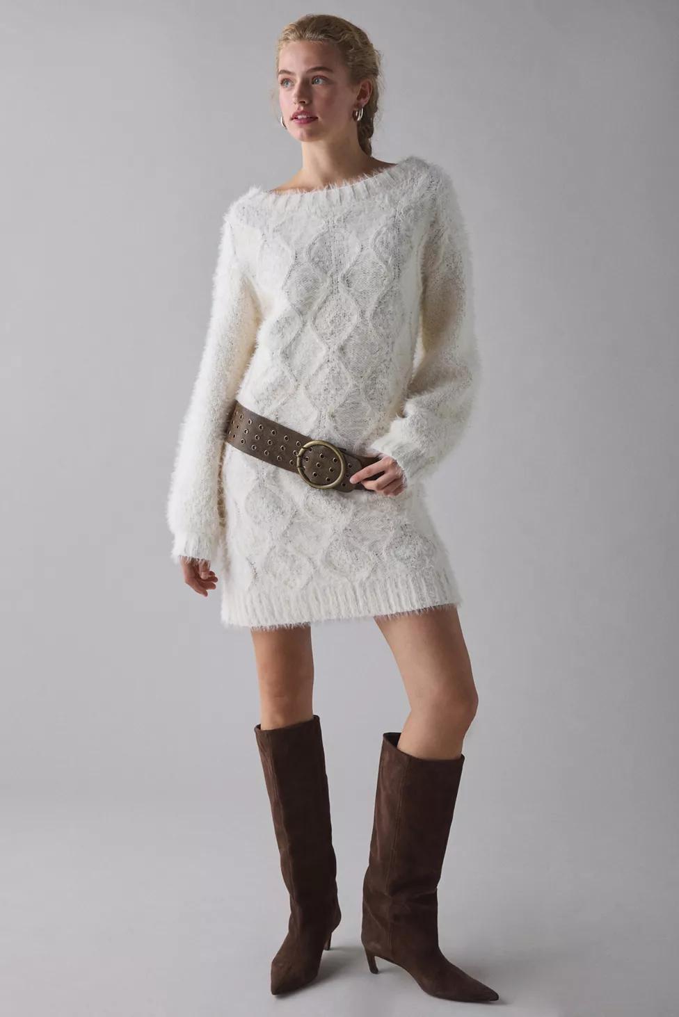 Glamorous Cable Knit Boatneck Sweater Mini Dress by GLAMOROUS