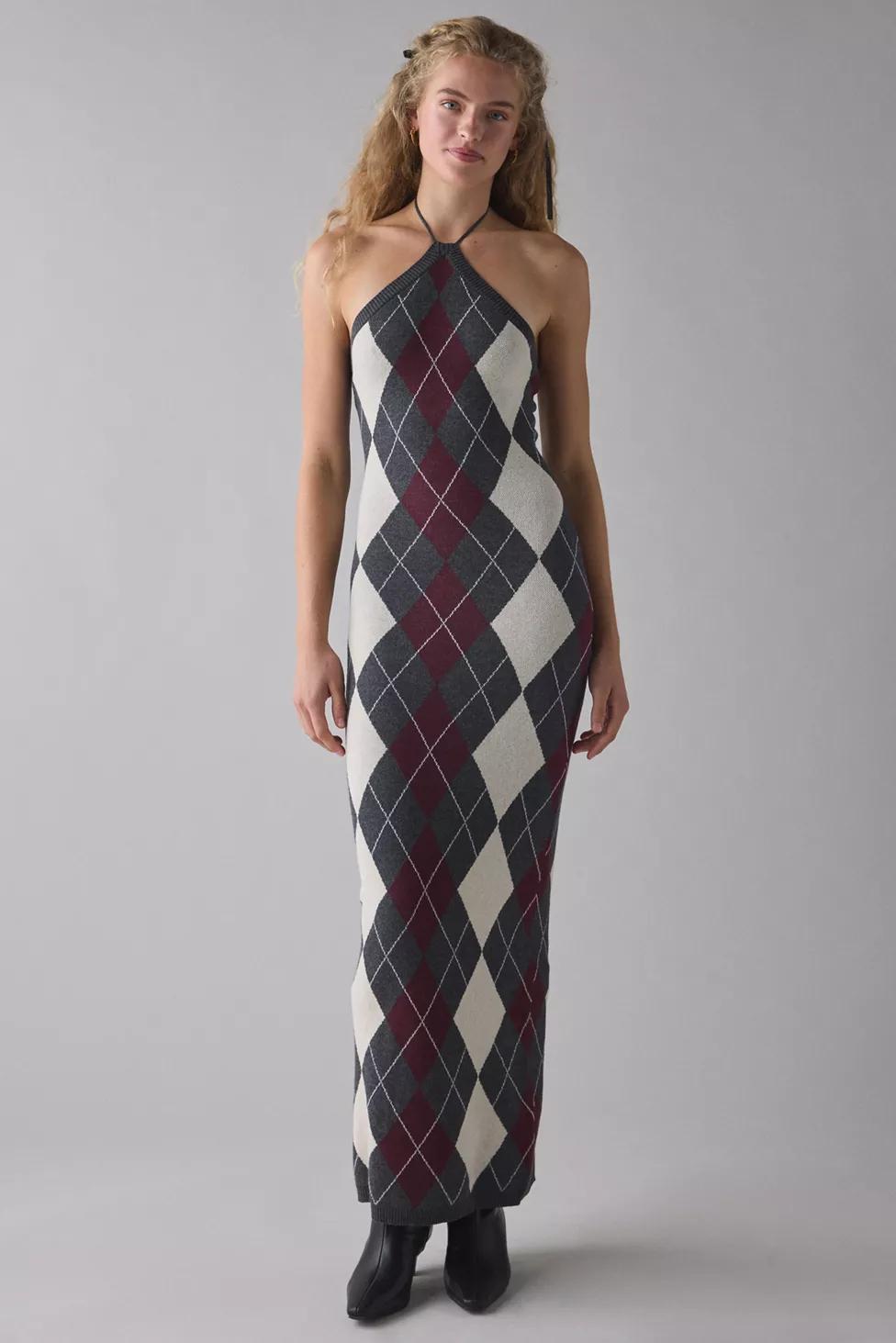 Glamorous Charcoal Argyle Knit High Neck Halter Maxi Dress by GLAMOROUS
