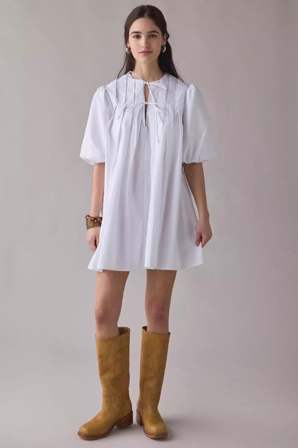 Glamorous Pleated Tie-Front Cotton Mini Dress by GLAMOROUS
