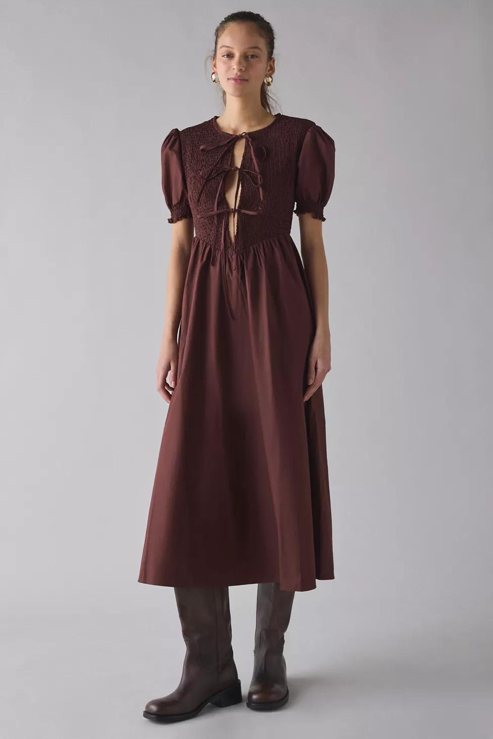 Glamorous Puff Sleeve Tie-Front Smocked Midi Dress by GLAMOROUS