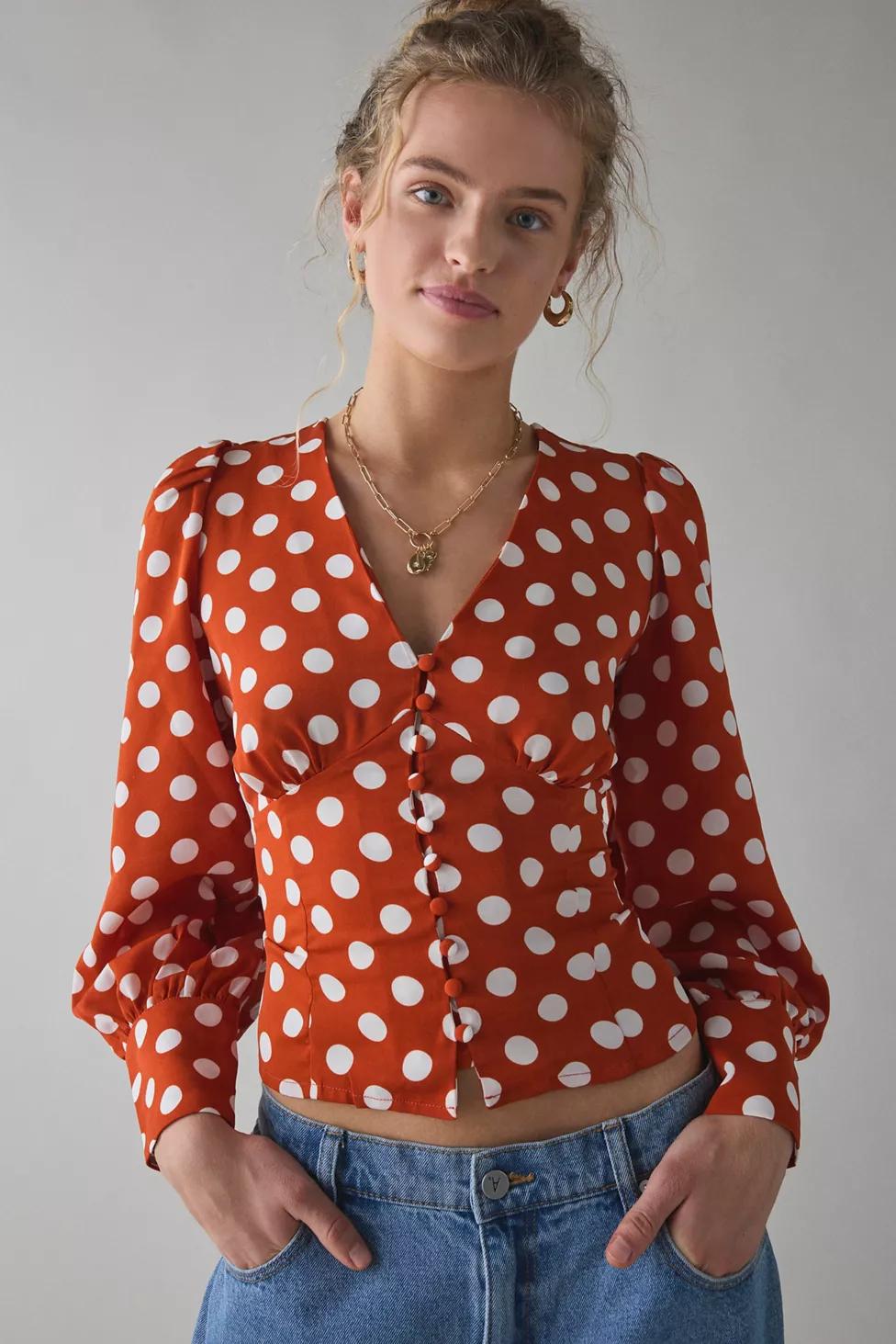 Glamorous Rusty White Polka Dot Puff Sleeve Blouse by GLAMOROUS