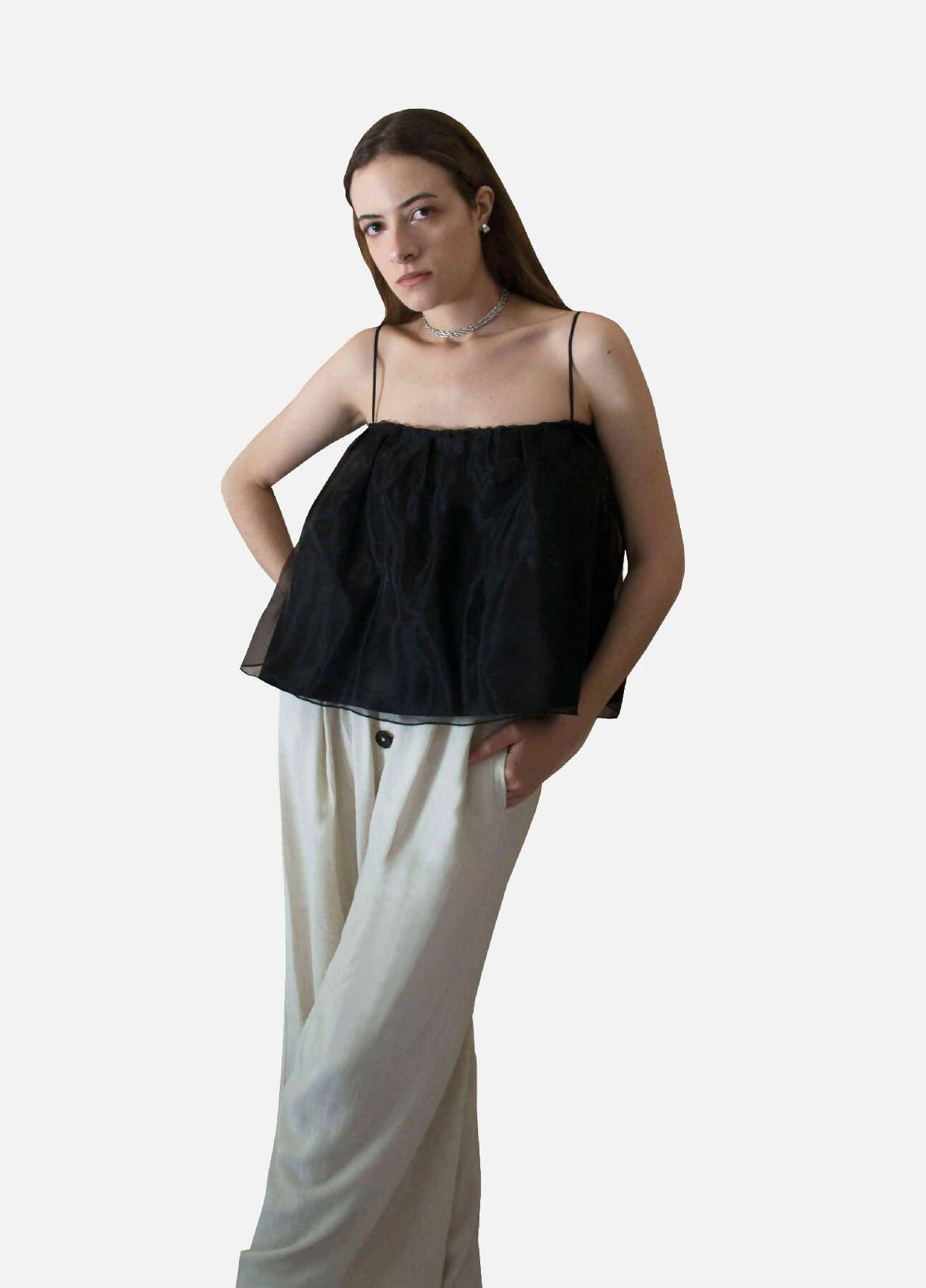 Top with Thin Straps in Upcycled Black Voile by GLASE
