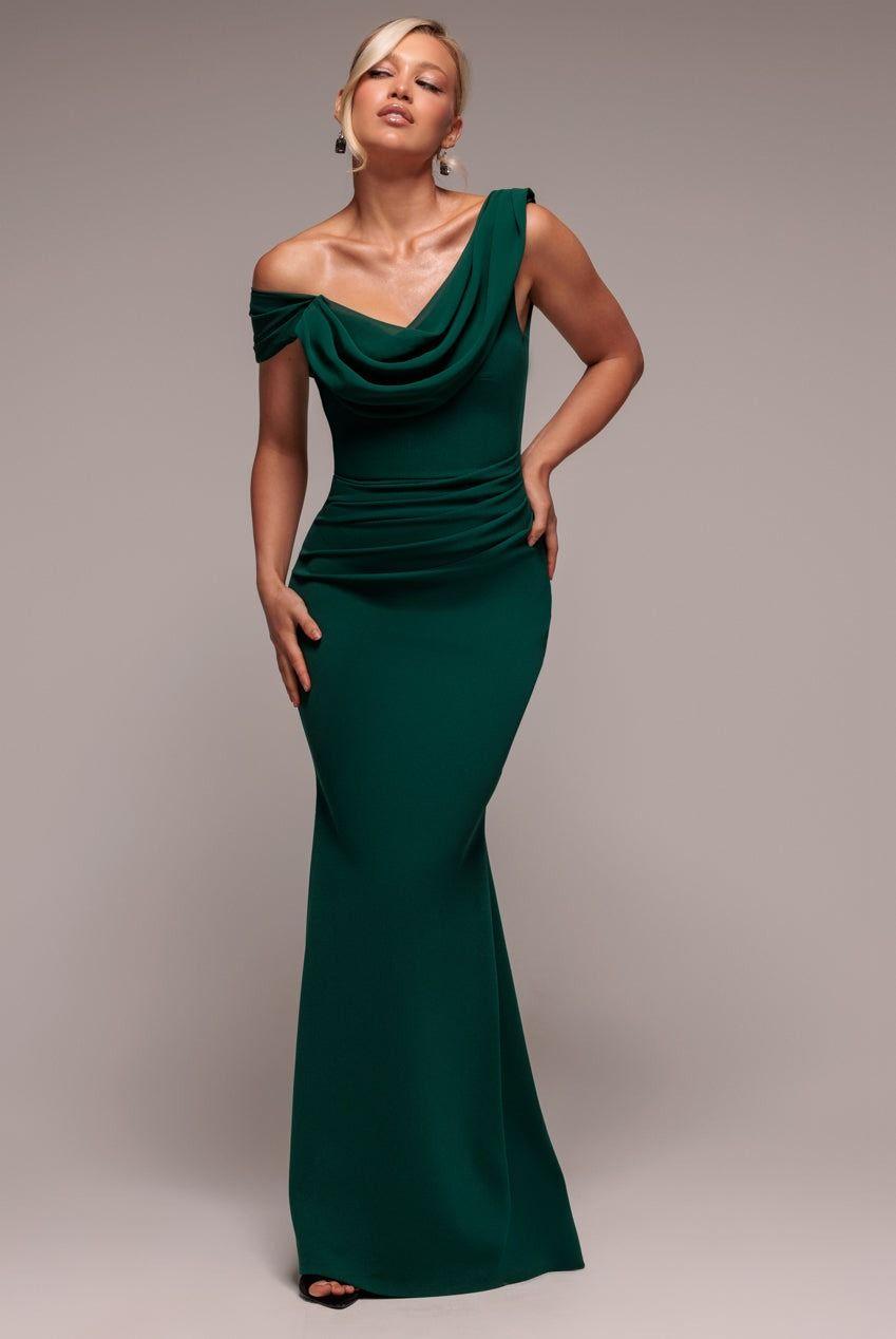 Asymmetric Chiffon Cowl Neck Scuba Maxi Dress by GODDIVA