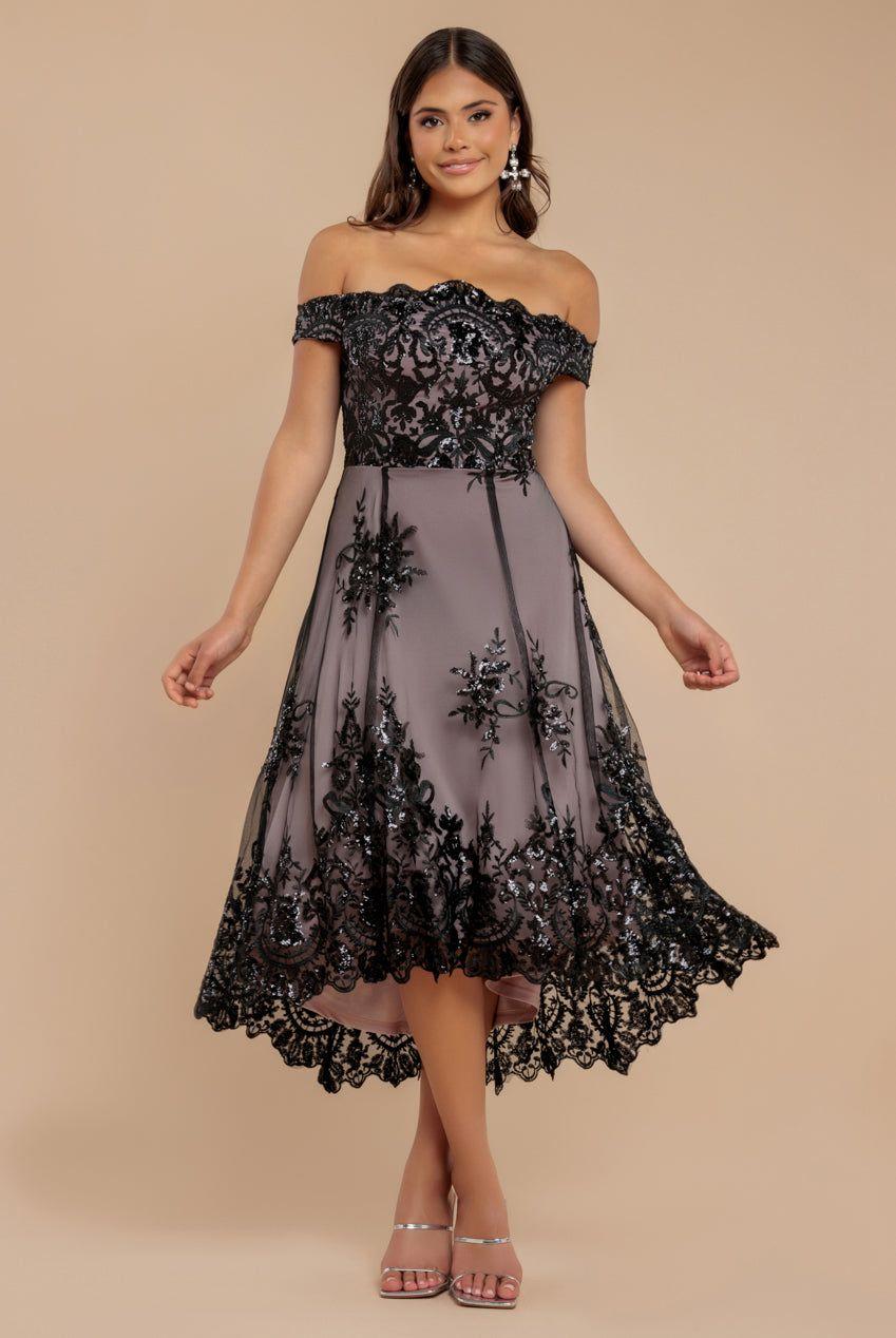 Bardot Sequin & Lace High Low Midi by GODDIVA