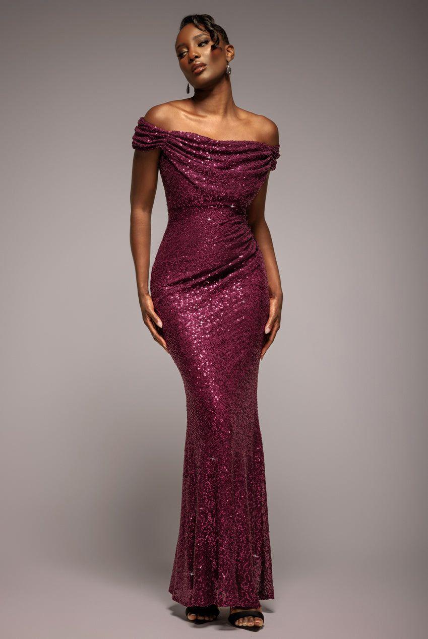 Cap Sleeve Iridescent Sequin Cowl Maxi Dress by GODDIVA