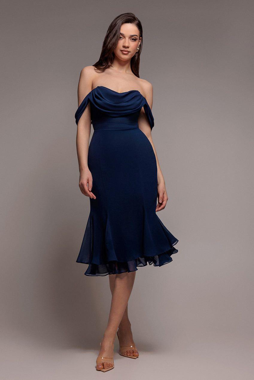 Chiffon Cowl Off Shoulder Wing Tiered Midi Dress by GODDIVA