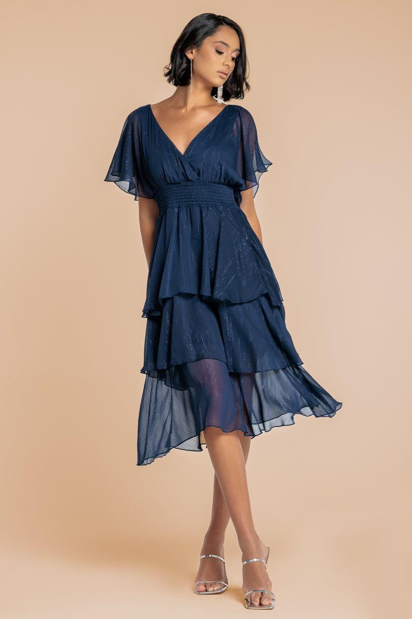 Chiffon Layered Flutter Sleeve Midi Dress by GODDIVA