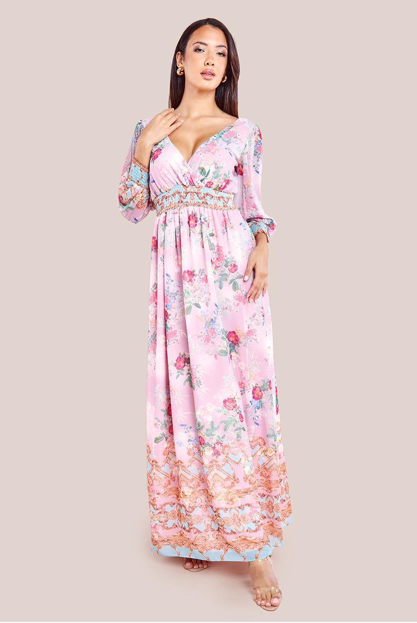 Chiffon Wrap Border Floral Print Maxi Dress by GODDIVA