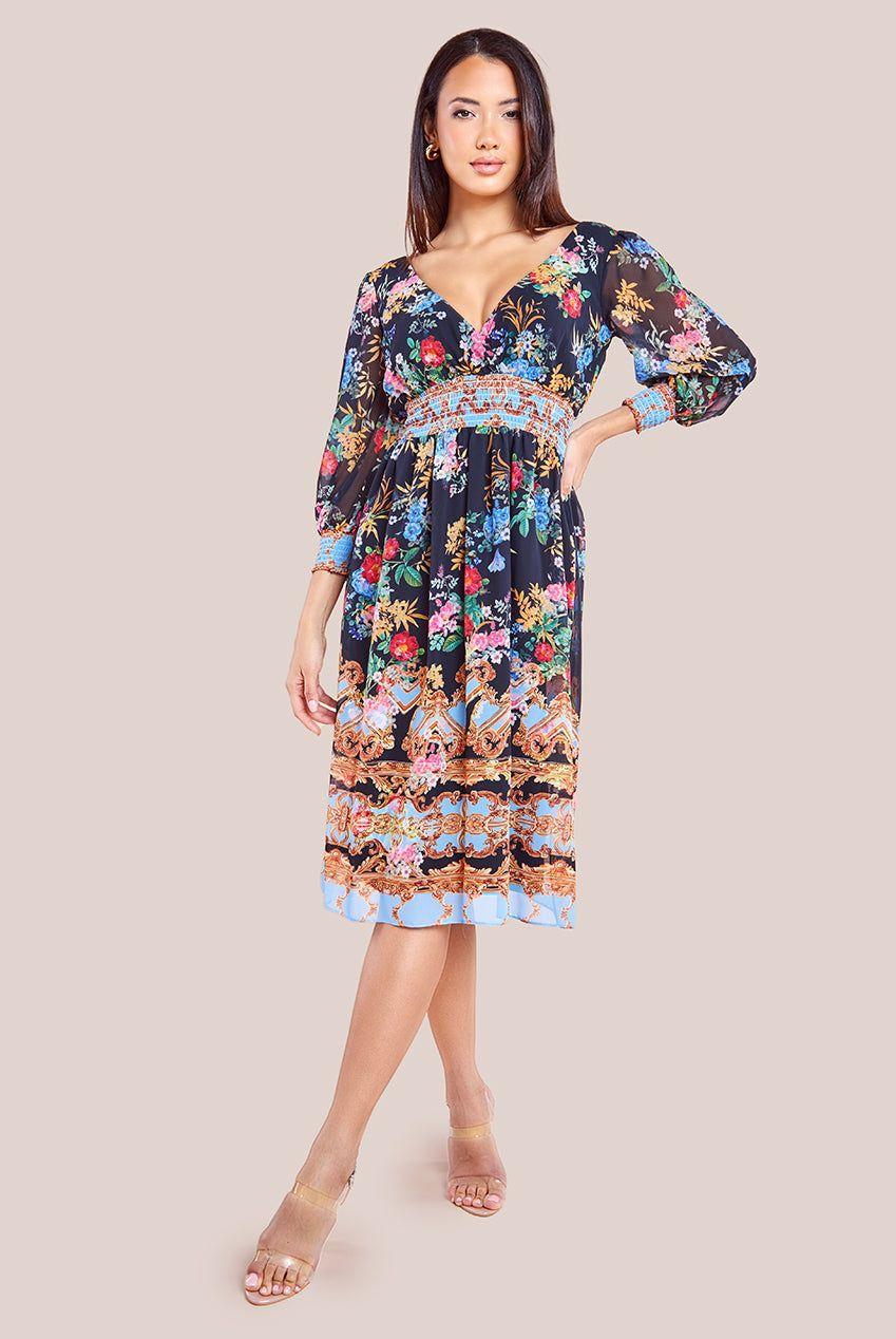 Chiffon Wrap Border Floral Print Midi Dress by GODDIVA