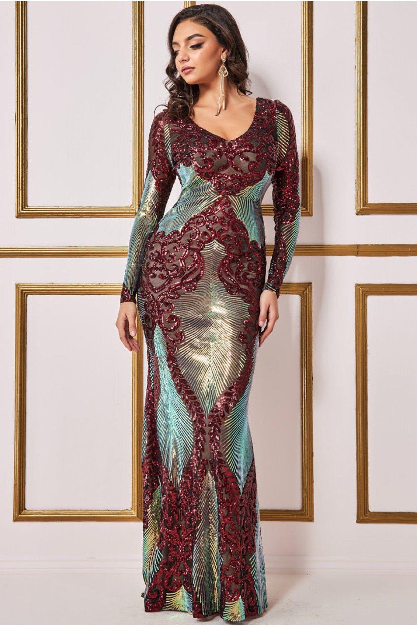 Contrast Sequin Long Sleeve Maxi Dress by GODDIVA
