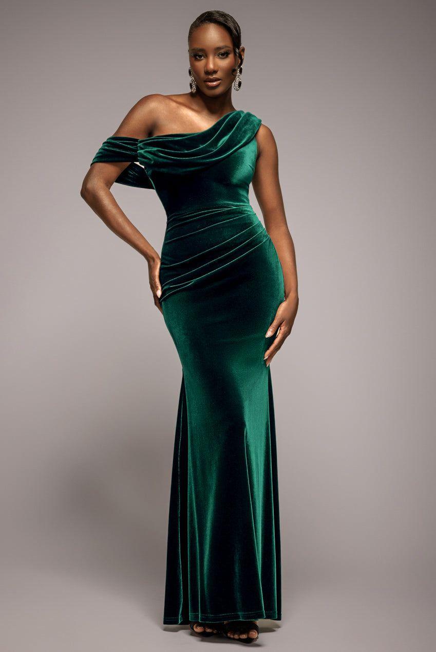 Cowl One Shoulder Velvet Maxi Dress by GODDIVA