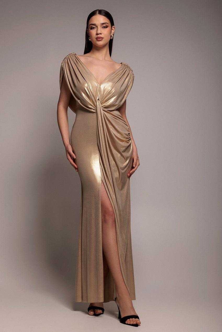 Cowl Plunge Draped Foil Maxi Dress by GODDIVA