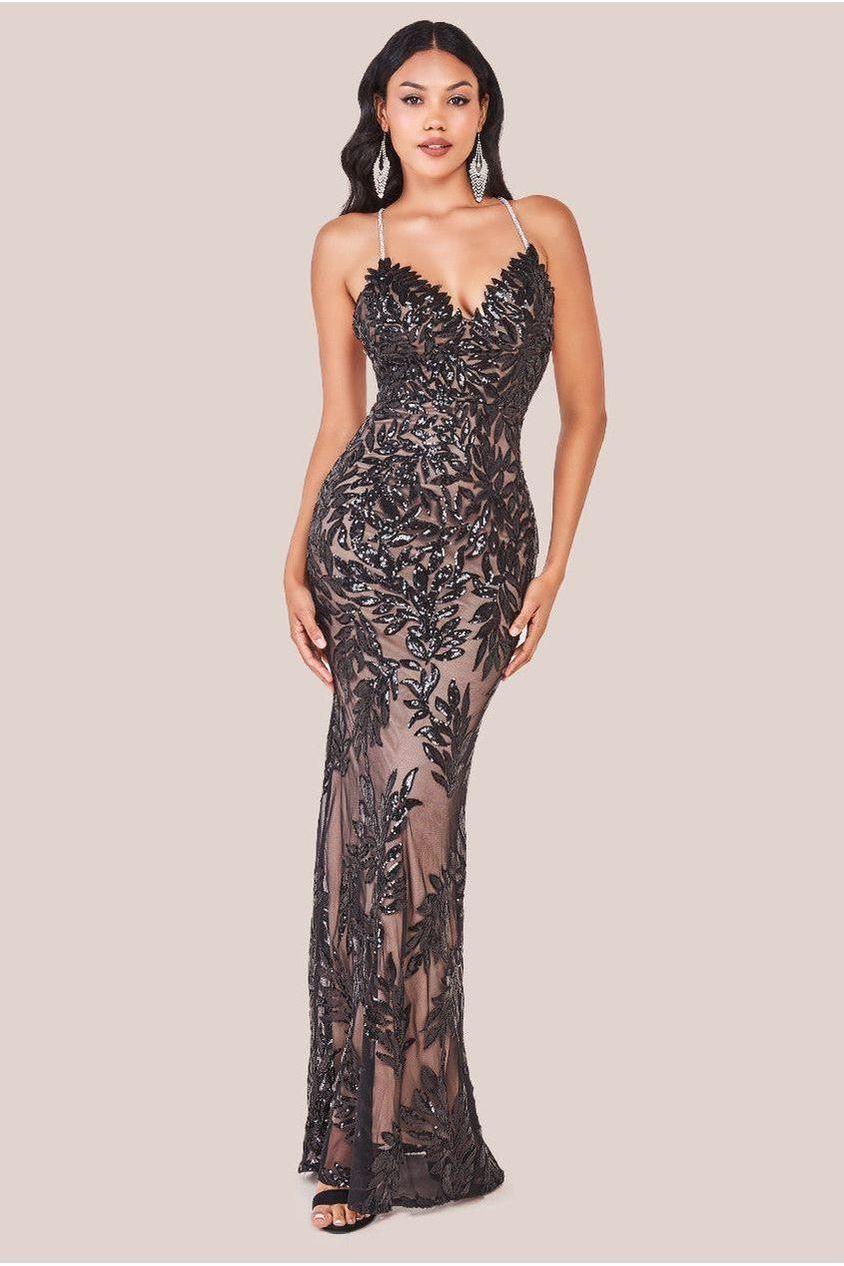 Cross Back Diamante Strap Sequin Maxi by GODDIVA