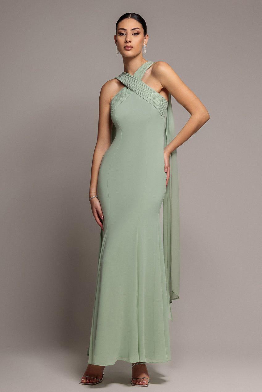 Cross Front Scarf Back Chiffon Mermaid Maxi Dress by GODDIVA