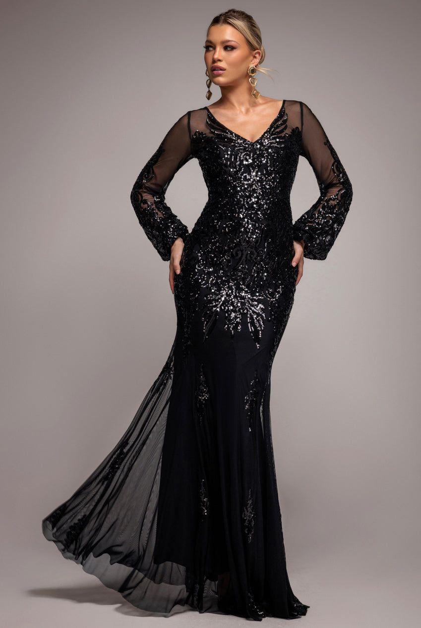 Embellished Sequin Bishop Sleeve Maxi Dress by GODDIVA