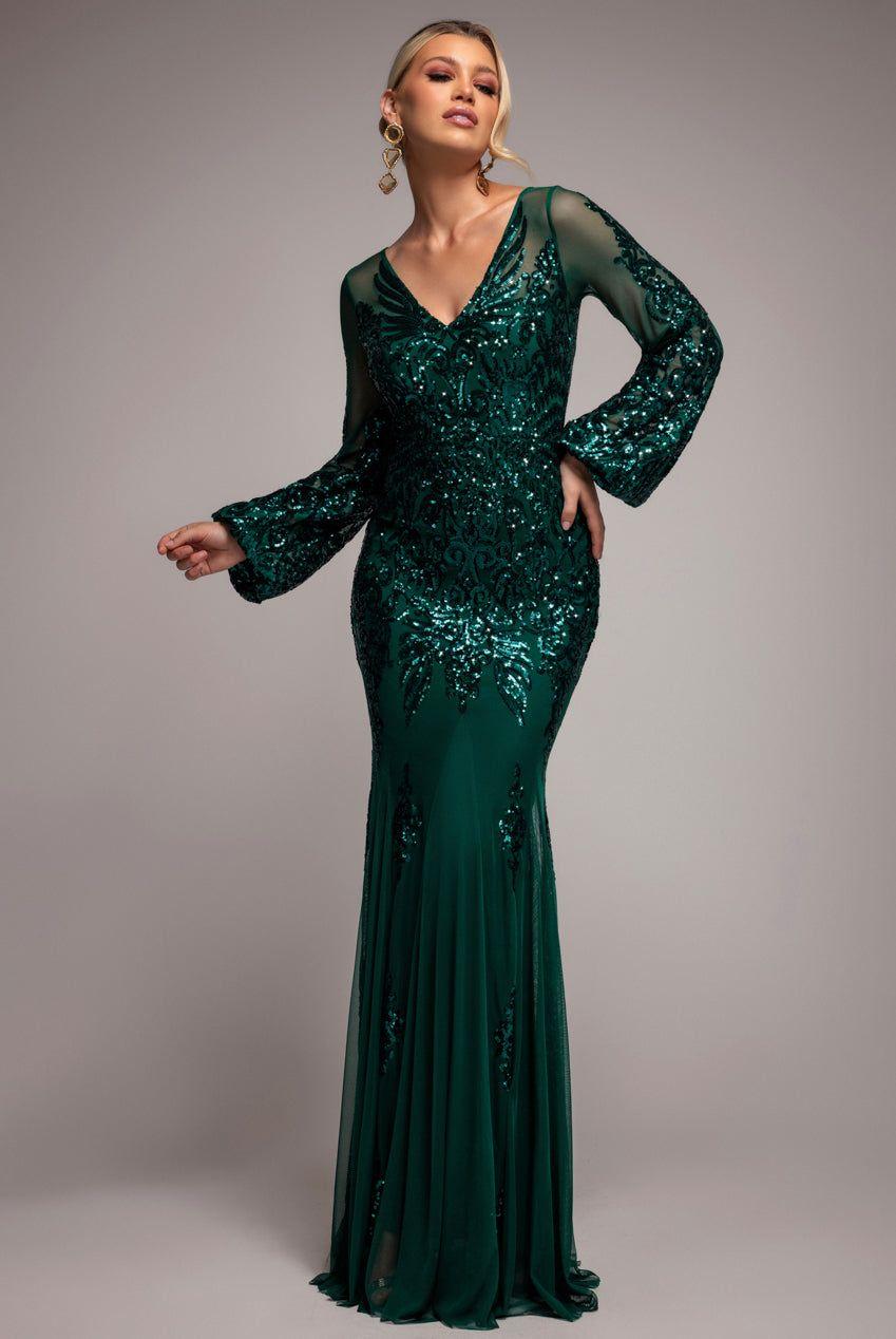 Embellished Sequin Bishop Sleeve Maxi Dress by GODDIVA