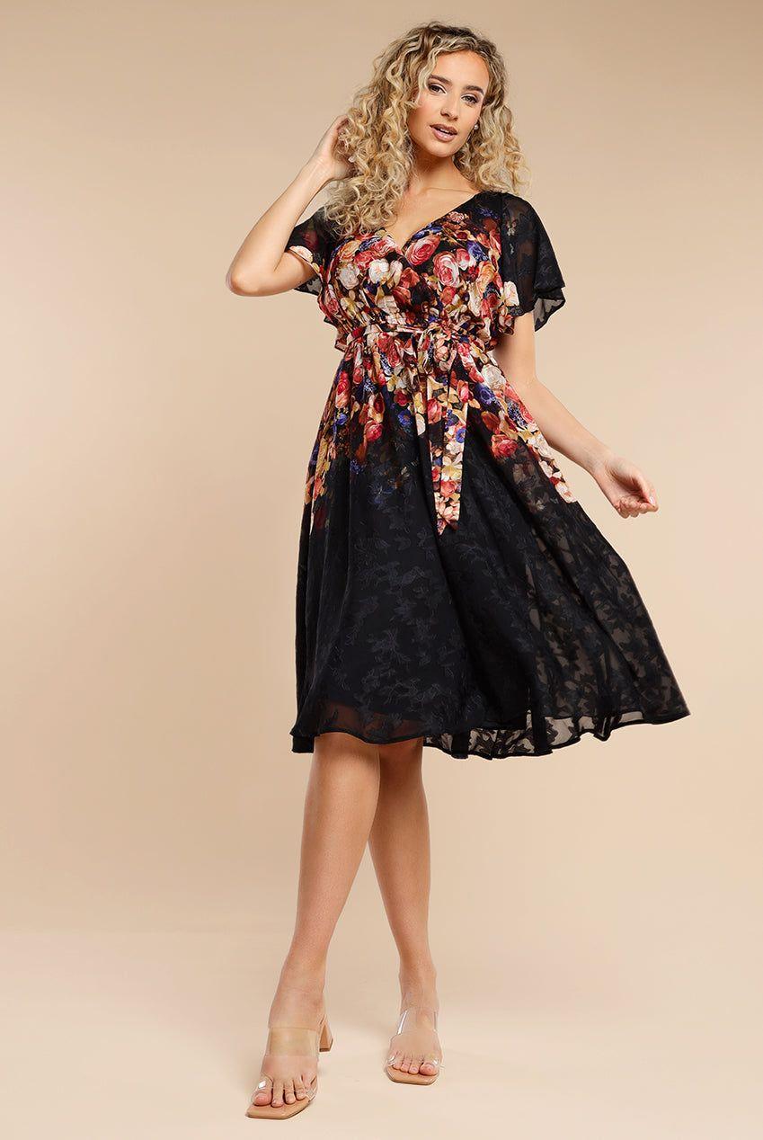 Floral Flutter Sleeve Wrap Midi Dress by GODDIVA