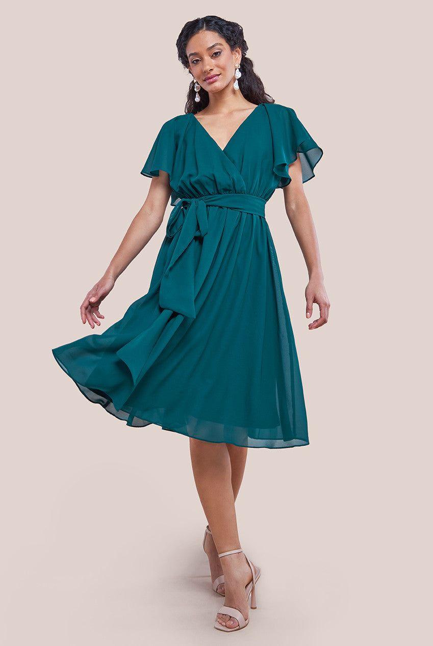 Flutter Sleeve Chiffon Wrap Midi Dress by GODDIVA