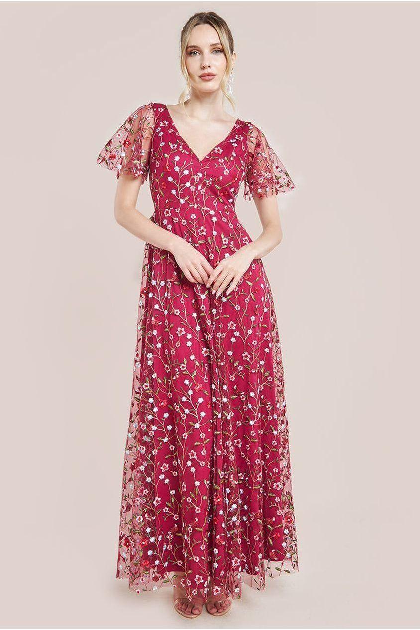 Flutter Sleeve Floral Embroidered Maxi by GODDIVA