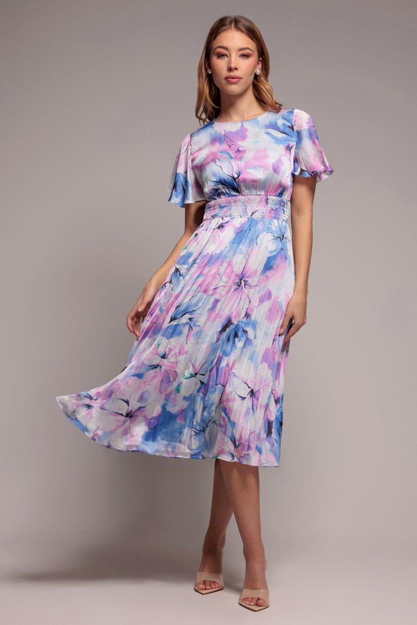 Flutter Sleeve Pleated Skirt Floral Midi Dress by GODDIVA