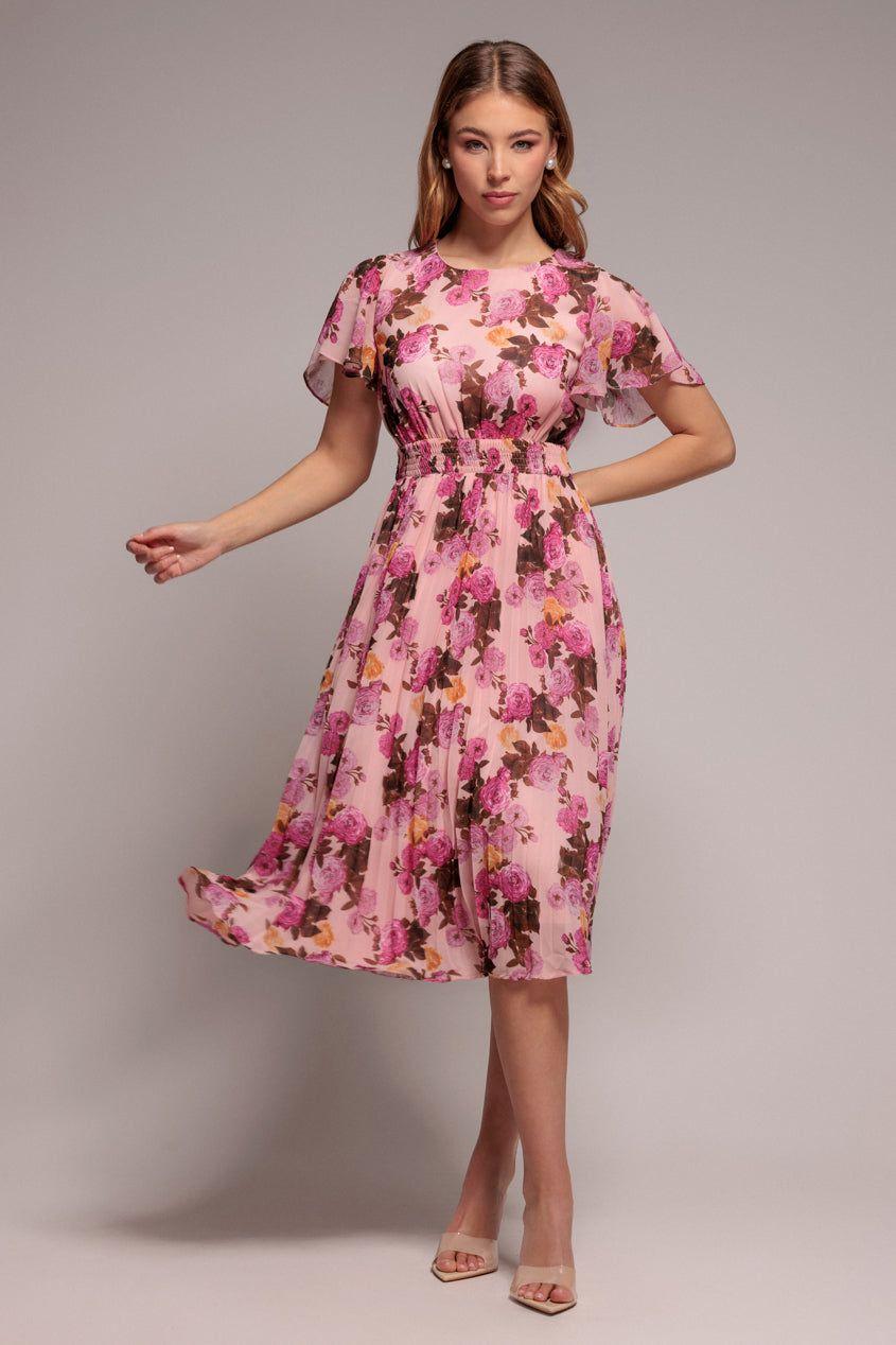 Flutter Sleeve Pleated Skirt Floral Midi Dress by GODDIVA