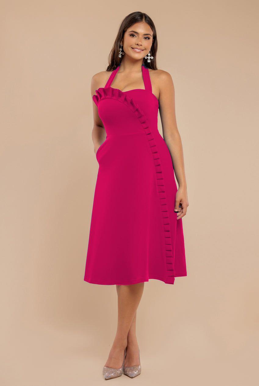 Frilled Halter Neck Strap Midi Dress by GODDIVA