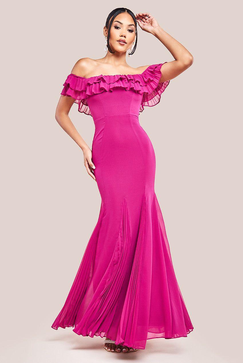 Frilled Off The Shoulder Pleated Chiffon Maxi Dress by GODDIVA