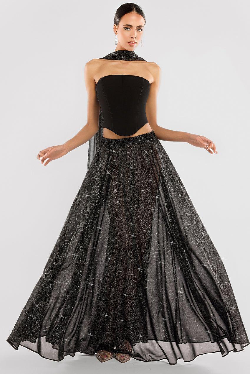 Gathered A Line Glitter Chiffon Maxi Skirt by GODDIVA