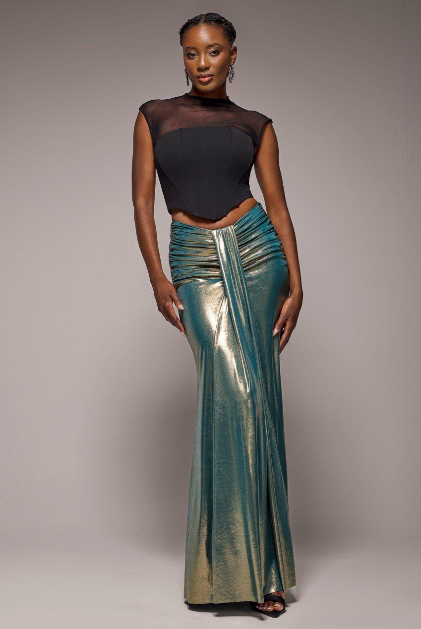 Gathered Front Dipped Waist Foil Maxi Skirt by GODDIVA Gathered Front Dipped Waist Foil Maxi Skirt by GODDIVA
