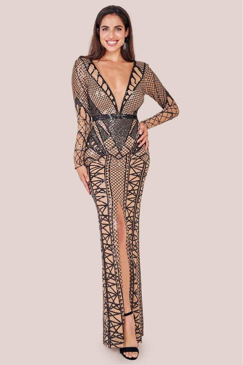 Geometric Sequin Plunge Maxi by GODDIVA