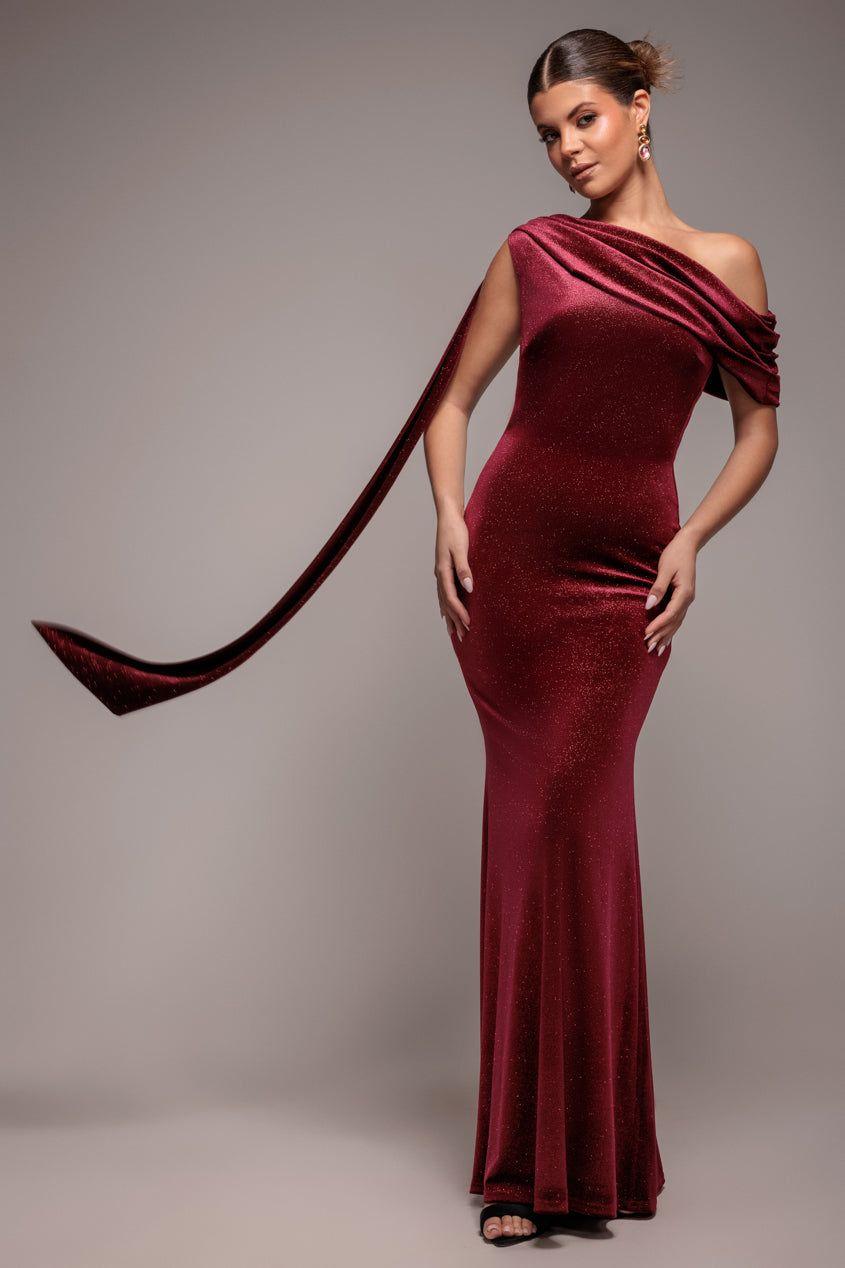 Glitter Velvet Sash One Shoulder Bardot Maxi Dress by GODDIVA