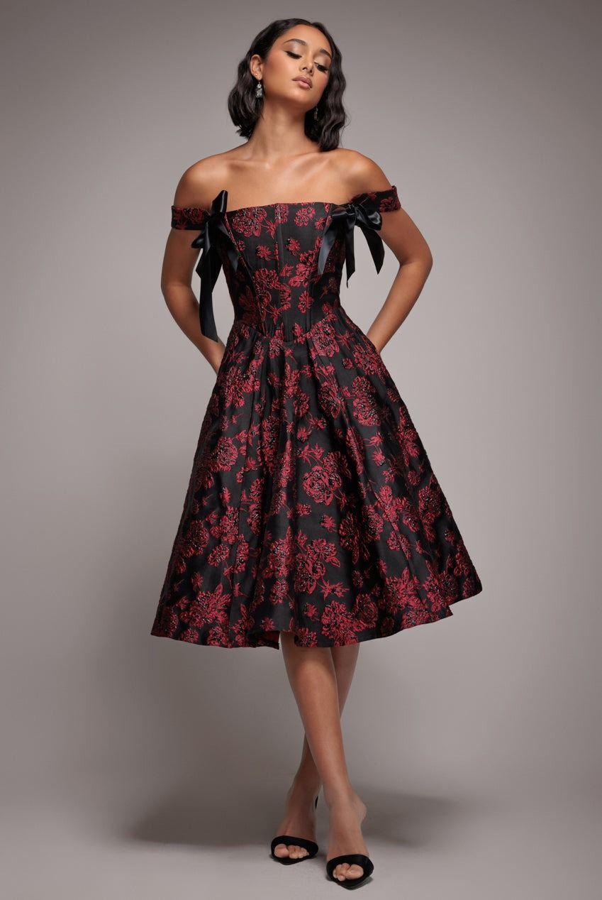 Jacquard Multiway Bow Strap Skater Midi Dress by GODDIVA