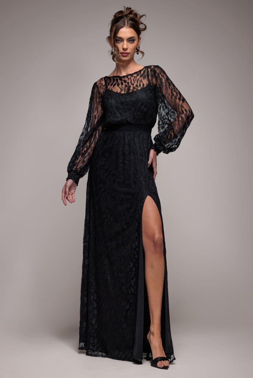 Lace Long Sleeve Shirred Waist Maxi Dress by GODDIVA
