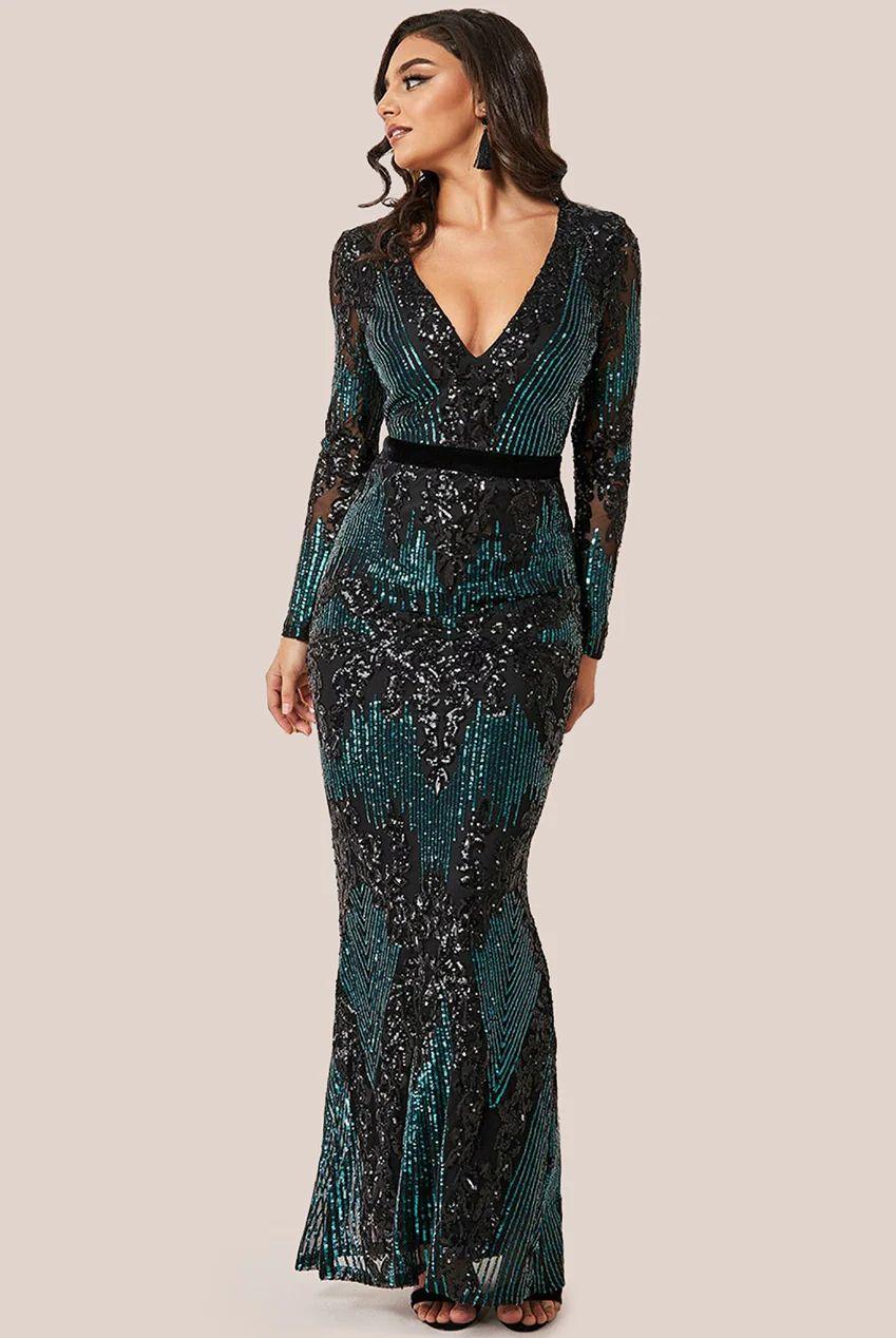 Long Sleeve Sequin Evening Maxi Dress by GODDIVA
