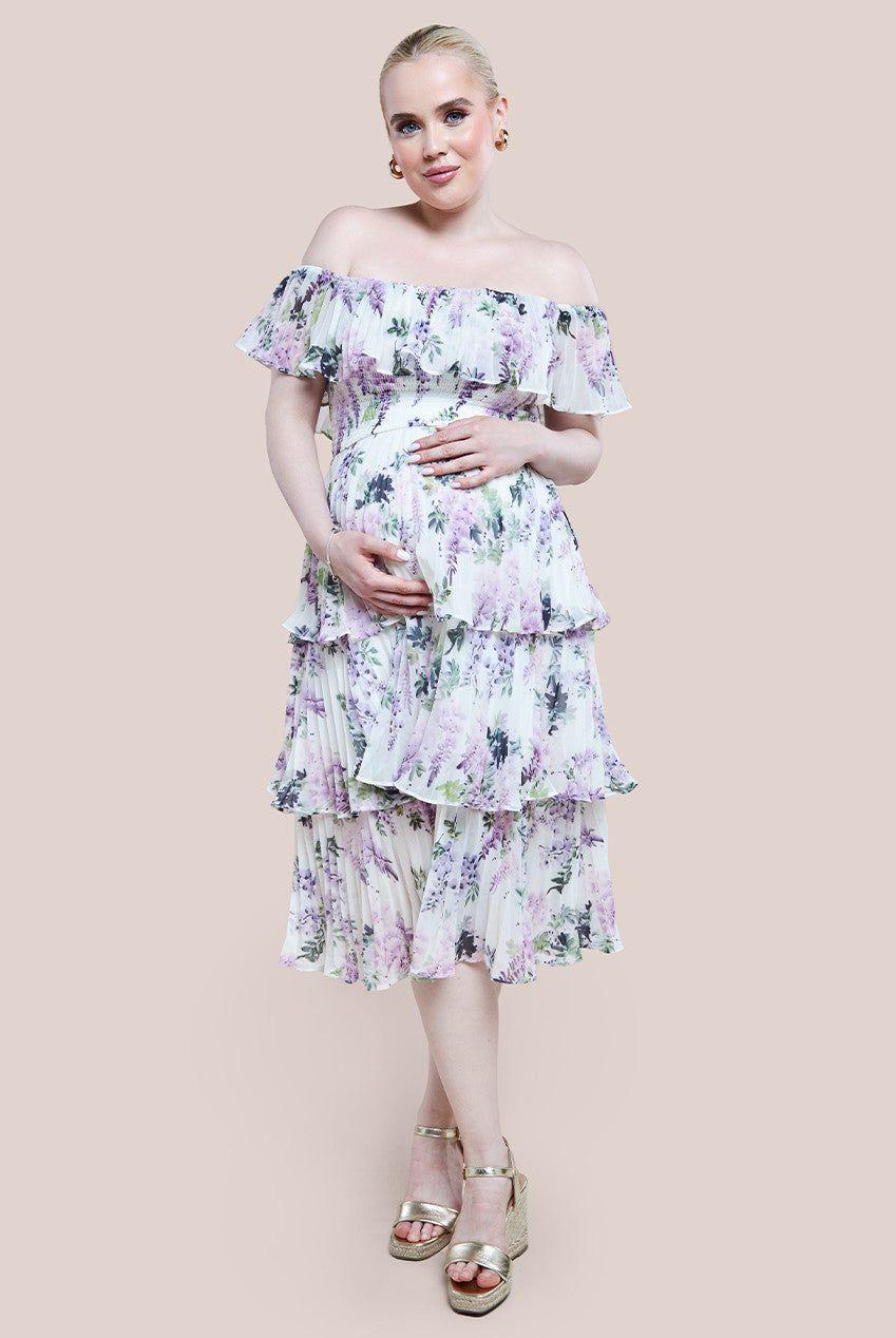 Maternity Shirred Chiffon Floral Bardot Midi Dress by GODDIVA