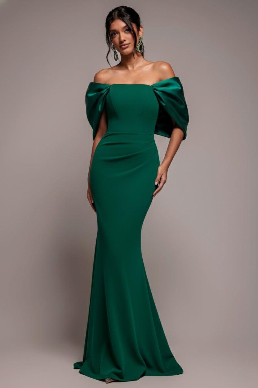 Off Shoulder Back Satin Bow Scuba Maxi Dress by GODDIVA