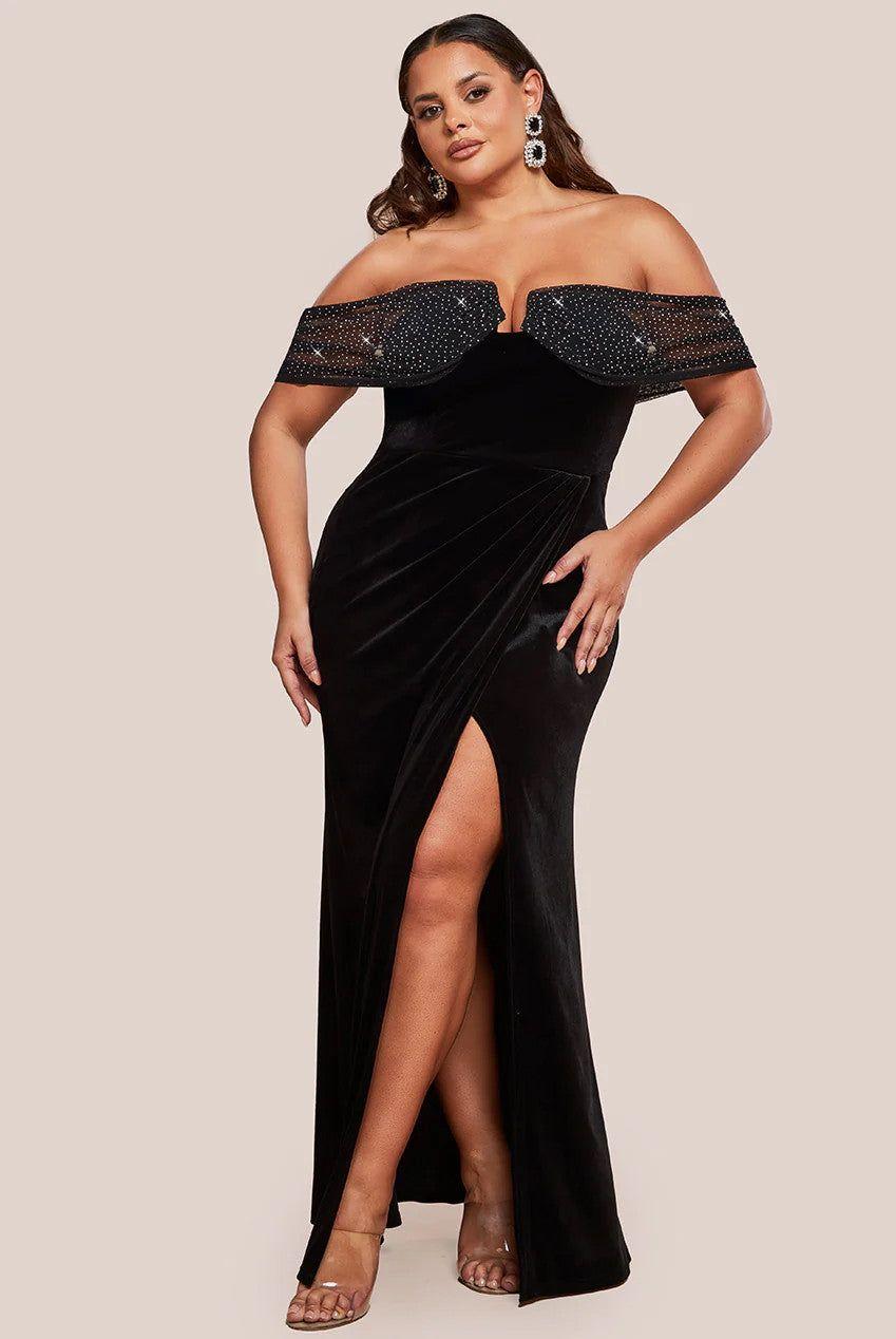 Off Shoulder Hotfix Diamante Wing Velvet Maxi Dress by GODDIVA