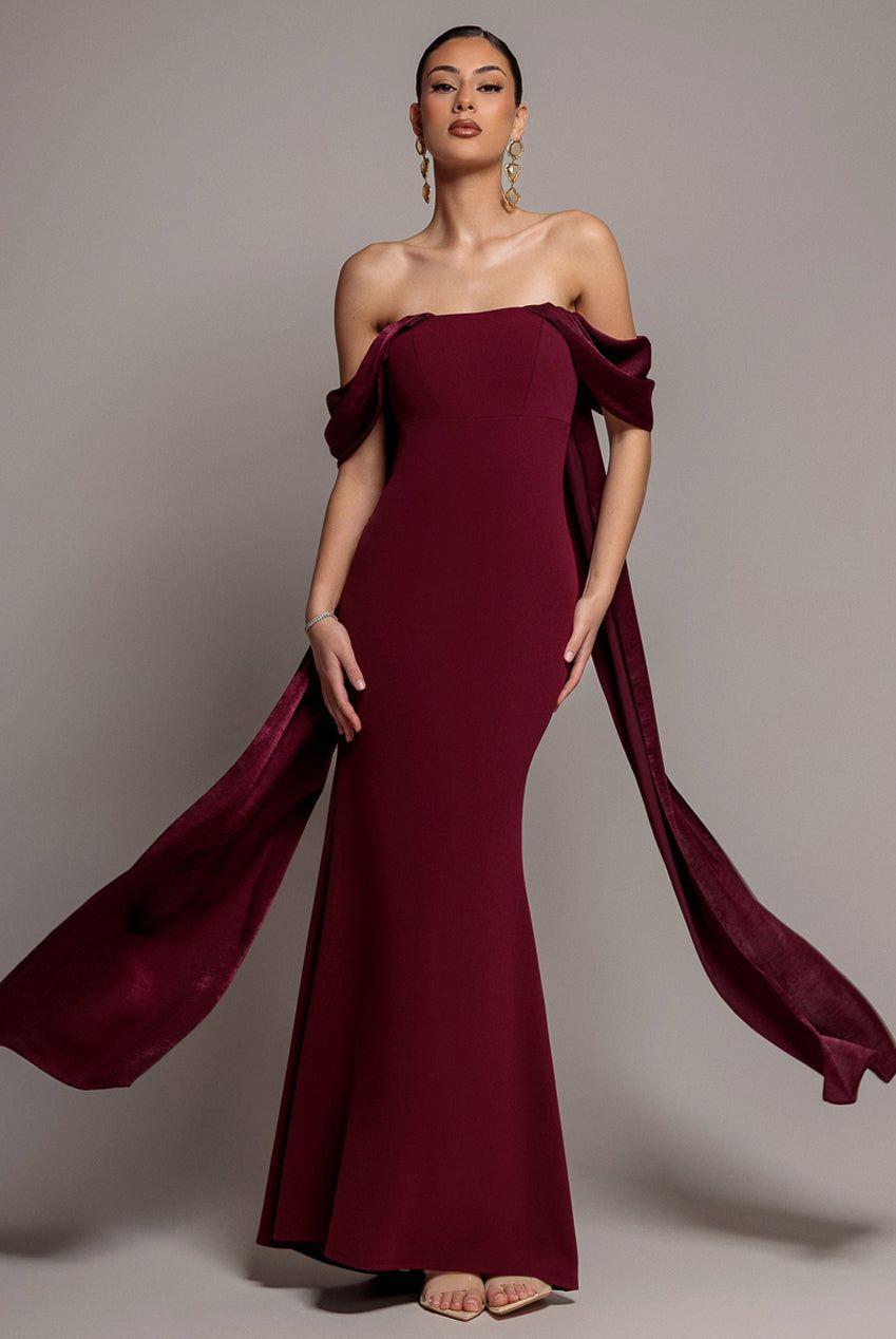 Off Shoulder Velvet Satin Wing Cape Maxi Dress by GODDIVA